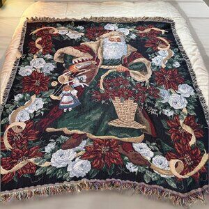 Santa Claus Tapestry Christmas Throw W/ Fringe Glynda Turley Victorian 58” X 49”